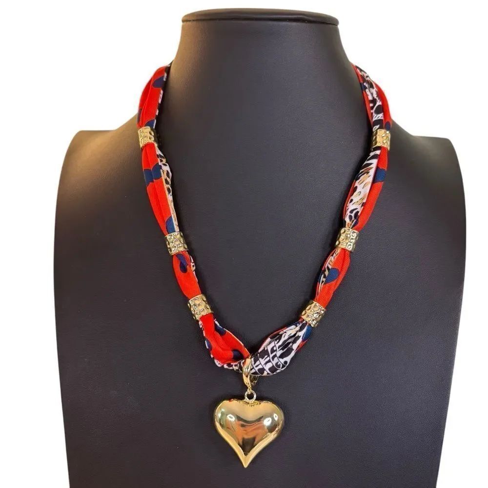 Gorgeous Orange & Blue Satin Scarf Charm Necklace w/ Center Puff Heart Pendant.